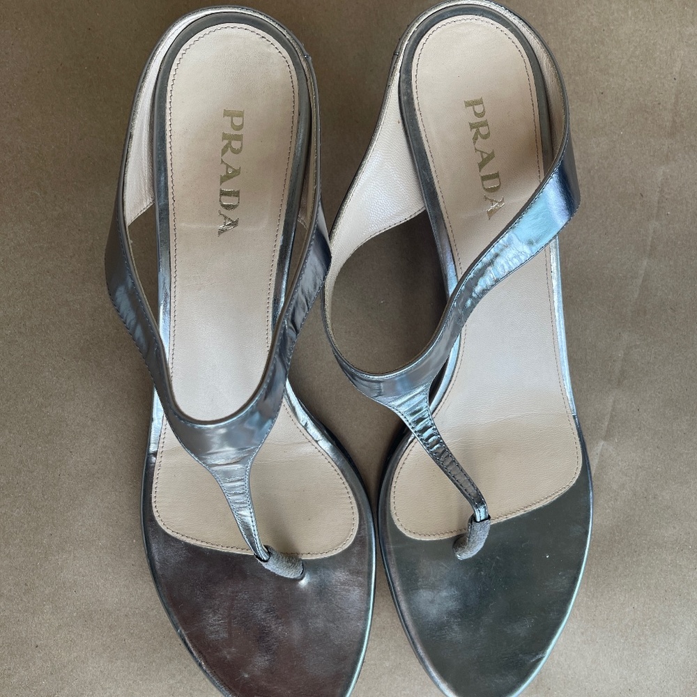 Prada Silver Thong Wedge Sandal